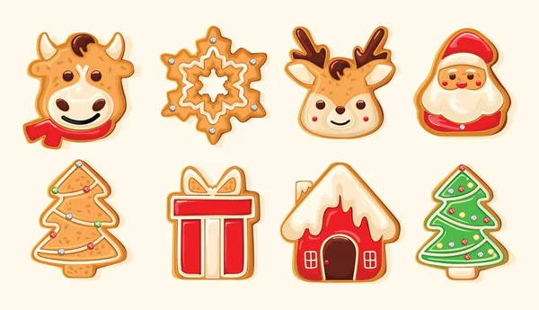 Conjunto Galletas Jengibre Lindo Para Navidad Pasteles Navidad Galletas Aislado — Vector de stock