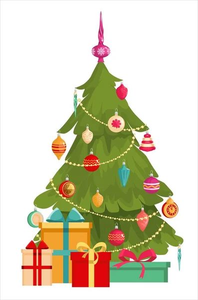 Árbol Navidad Con Decoración Cajas Regalo Cubierto Nieve Feliz Navidad — Vector de stock