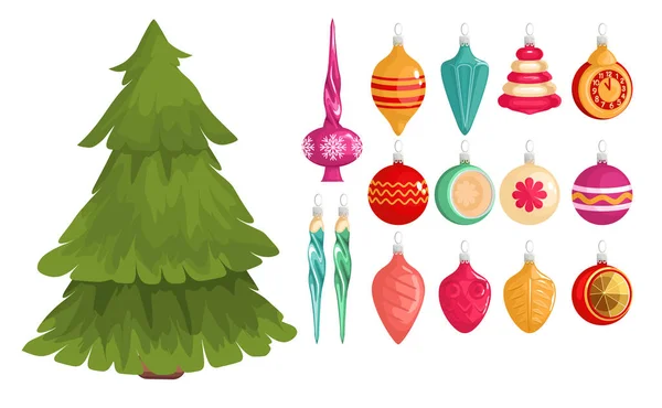 Colección Hermosas Decoraciones Del Árbol Navidad Aislado Conjunto Ilustración Vector — Vector de stock