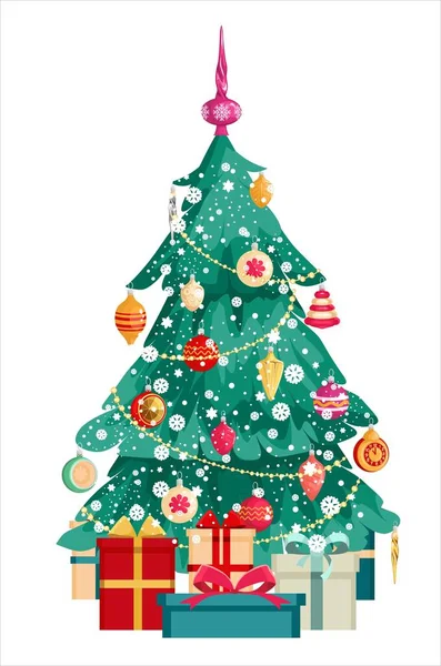 Vánoční Stromek Dekoracemi Dárkovými Krabicemi Pokrytý Sněhem Veselé Vánoce Šťastný — Stockový vektor