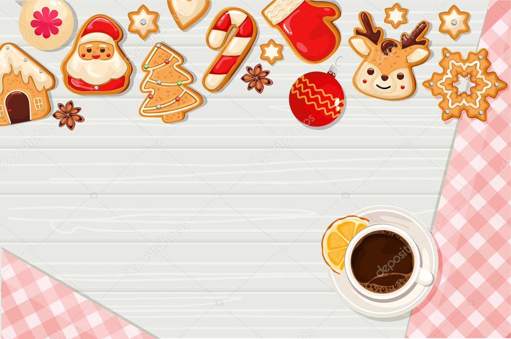 Christmas cookies with icing and coffee on a wooden background, top view. Christmas, New Year. Vector illustration