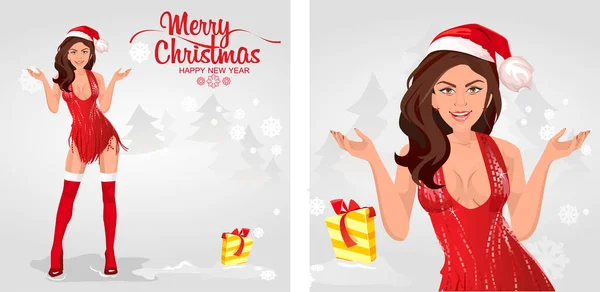 Woman Red Dress Christmas Hat Snow Maiden Congratulatory Postcard Inscription — Stock Vector