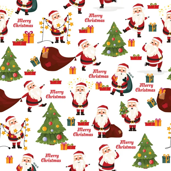 Feliz Navidad Patrón Sin Costuras Con Santa Claus Árbol Regalos — Vector de stock