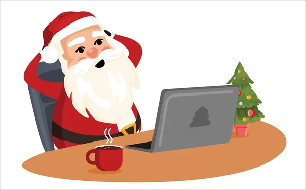 Άγιος Βασίλης Κάθεται Μια Τσάντα Ένα Φορητό Υπολογιστή Κάνει Online — Διανυσματικό Αρχείο