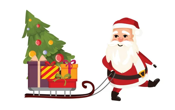 Papá Noel Con Montón Regalos Lleva Arrastra Trineo Piso Cardun — Vector de stock