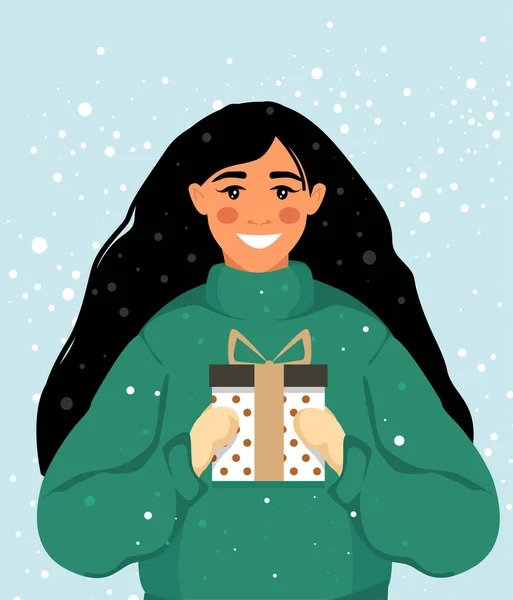 Une femme heureuse donne un cadeau. Joyeux Noël et bonne année. — Image vectorielle