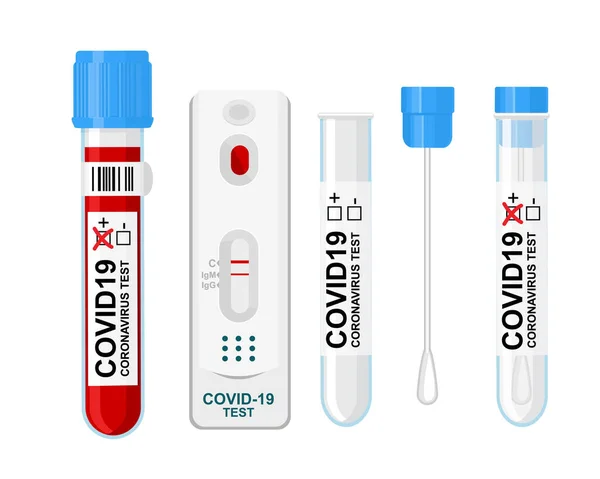 Conjunto de pruebas COVID-19, prueba rápida de muestras de sangre, probeta y hisopo para la prueba COVID-19. — Archivo Imágenes Vectoriales