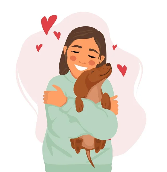 幸せな笑顔の女性は愛し、ダックスフンド犬を抱擁します。動物への愛. — ストックベクタ