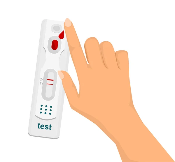 Hand over rapid test with blood sample for COVID test, AIDS. Test positive for a new one quickly. — Stock Vector
