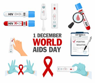AIDS ve HIV ile ilgili bir dizi ikon. Eller kalbi kurdeleli gösteriyor, AIDS 'in sembolü, HIV. 1 Aralık Dünya AIDS Günü, kırmızı kurdele. Kan testi.