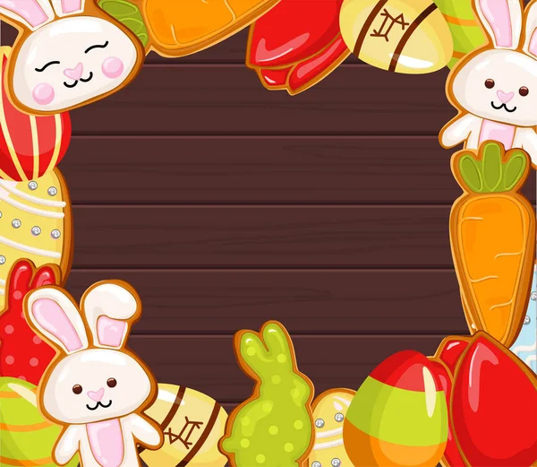 Velikonoční banner svátek, s velikonočními vejci a perníkovými sušenkami na dřevěném pozadí, koncept. — Stockový vektor