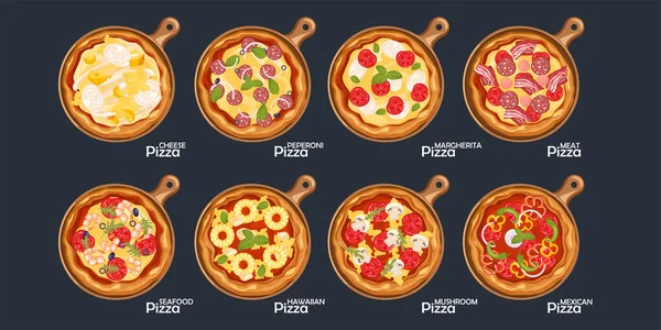 Pizza seti taze pizza, farklı dolgulu fast food. Margarita, peynir ve mantar arkaplanda toplanmış.. — Stok Vektör