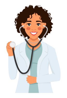 Steteskoplu bir kadın doktor. Profesyonel ya da terapist. Çizgi film tarzında resimleme.