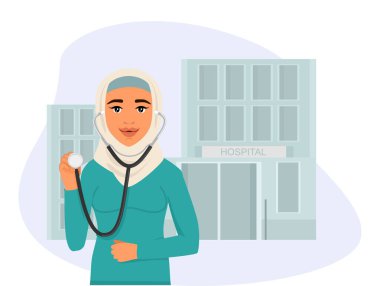 Müslüman Arap tıp çalışanı, doktor elinde steteskop tutuyor. Hastane arka planda. Virüs ve grip tedavisi ve danışmanlık.