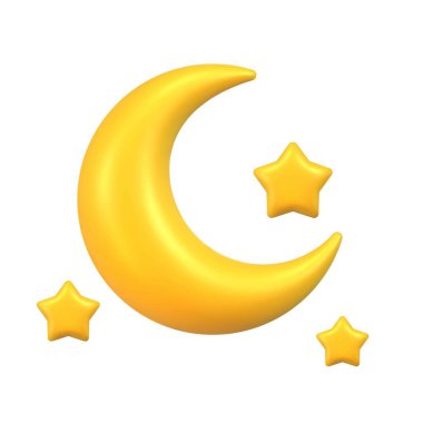 3D golden crescent moon with three shiny stars on white background. Suitable for kids themes, bedtime designs, packaging, greeting cards and decor.