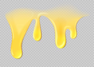 Şeffaf arkaplanda akan parlak sarı sıvı bal, gıda tasarımı için gerçekçi yapışkan doku, bal reklamcılığı, afişler ve tatlı ürünlerin görsel sunumu.