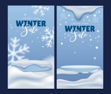 Kış İndirimi afiş şablonu. Mevsimlik indirimleri, kar temalı ürünleri ve tatil alışveriş kampanyalarını desteklemek için mükemmel. 3 boyutlu karlı bir podyum.