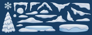 Kış tasarımı, UI, ambalaj, tatil dekorasyonu ve mevsimsel çizimler için gerçekçi kar yığınları, buz sarkıtları, lapalar, pullar ve donmuş şekiller. Mavi arkaplandaki izole elementler.