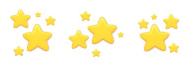 Farklı boyutlarda parlak sarı üç boyutlu yıldızlar, beyaz arka planda izole edilmiş yüzen bileşimler. Çocuk tasarımı, ödülleri, afişleri, posterleri ve yaratıcı projeler için sevimli dekoratif unsurlar.