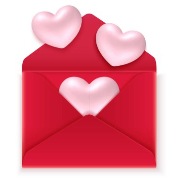 İçinde 3 boyutlu karikatür tarzı kalpler olan kırmızı zarflar. Zarflar açık ve kapalı, kalpler dışarı fırlıyor ya da etrafta yüzüyor. Sevgililer Günü için mükemmel, aşk mesajları.