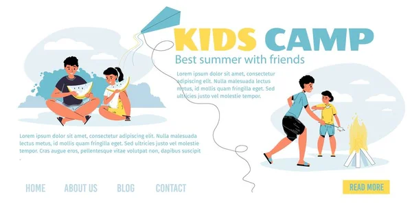 Campamento de verano para niños en la página de destino de publicidad forestal — Vector de stock