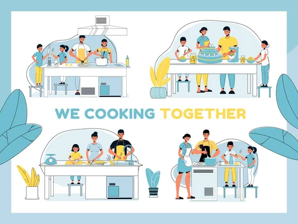 Parent kid best culinary team cooking together set — Stock Vector