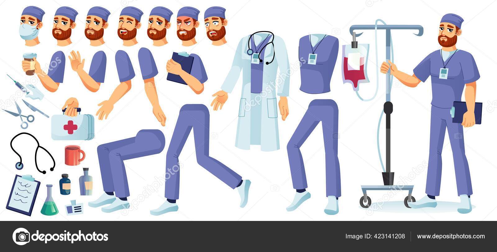 Conjunto De Desenhos Animados De Enfermeira Ou Médico Cirurgião