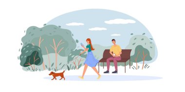 İnternette sörf yapan düz çizgi film karakterleri, vektör illüstrasyon kavramı