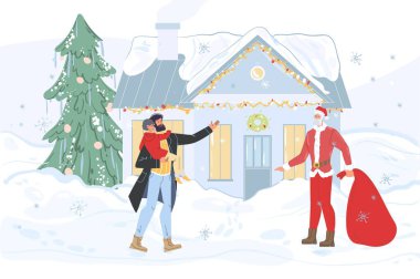 Düz çizgi film karakterleri ve Noel Baba Mutlu Noeller konsepti