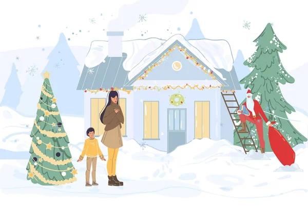 Personagens de desenhos animados planos e Papai Noel feliz feriados conceito —  Vetores de Stock