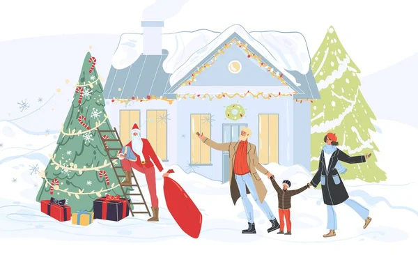 Personajes planos de dibujos animados y Santa Claus feliz concepto de vacaciones — Archivo Imágenes Vectoriales