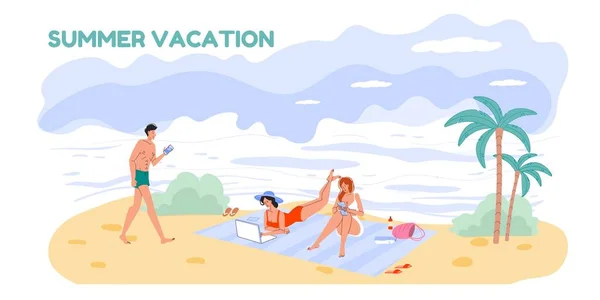 Seyahat tatilinde internette gezinen düz çizgi film karakteri, vektör illüstrasyon kavramı — Stok Vektör