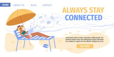 Seyahat tatilinde internette gezinen düz çizgi film karakteri, vektör illüstrasyon kavramı