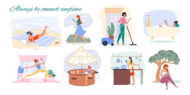 İnternette sörf yapan düz çizgi film karakterleri, vektör illüstrasyon kavramı