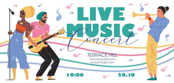 Flat cartoon characters music banner poster,vector illustration concept