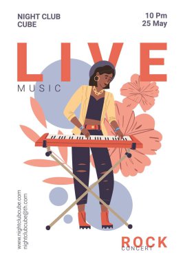 Flat cartoon character plays rock music banner,vector illustration