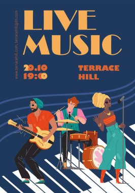 Flat cartoon characters music banner poster,vector illustration concept