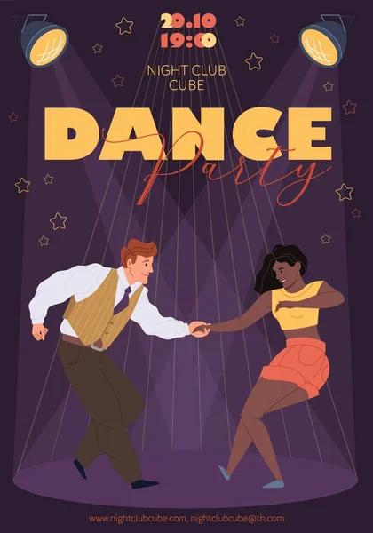 Personajes planos de dibujos animados bailando folleto del club nocturno, ilustración vectorial — Archivo Imágenes Vectoriales