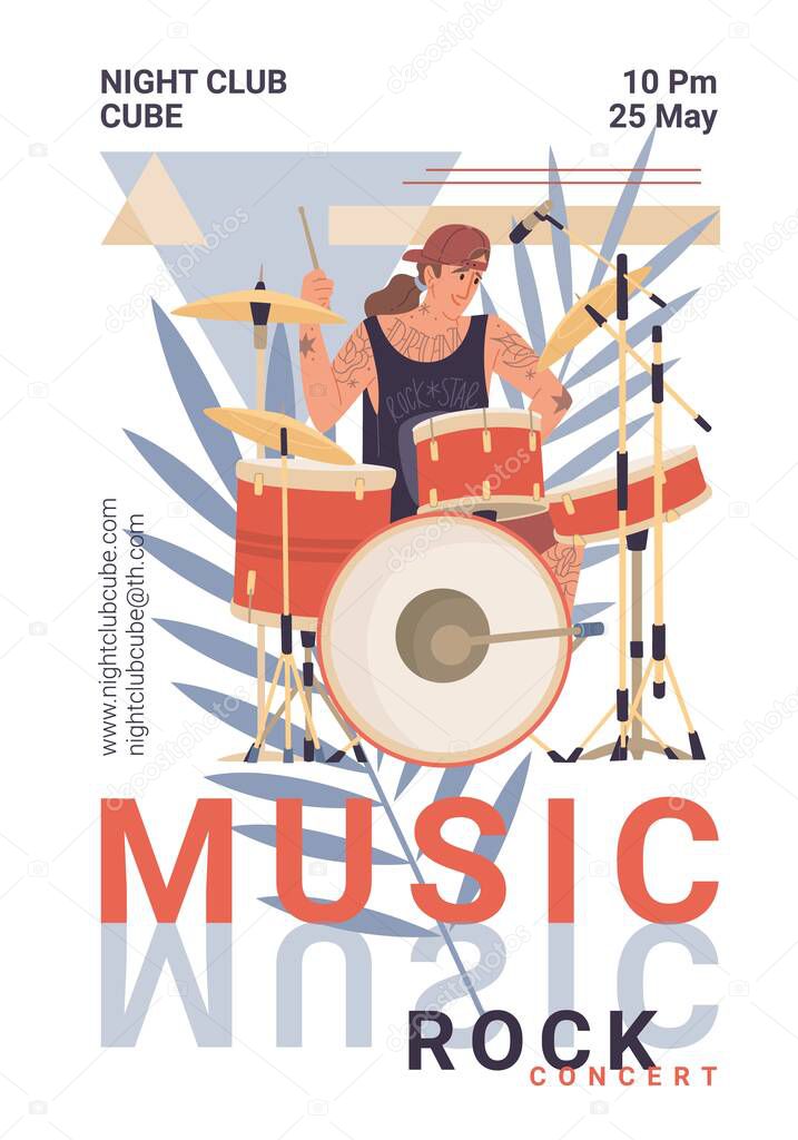 Flat cartoon character plays rock music banner,vector illustration