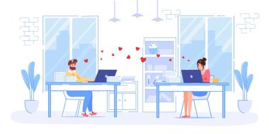 Düz çizgi film karakterleri çift, online randevu aşk sohbeti, Sevgililer Günü tebrik kartı illüstrasyon konsepti