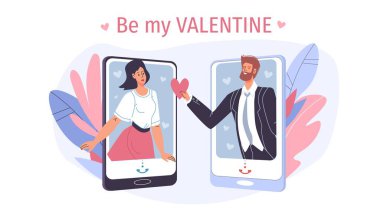 Düz çizgi film karakterleri çift, Sevgililer Günü online hediye, tebrik kartı illüstrasyon konsepti