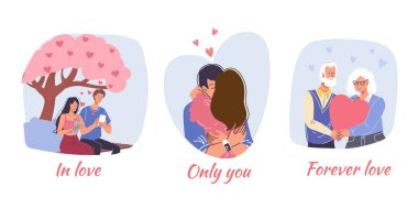 Düz çizgi film karakterleri çift seti, Sevgililer Günü tebrik kartı vektör illüstrasyon kavramı