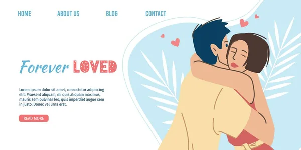 Casal de personagens de desenhos animados planos, Dia dos Namorados landing page on-line, conceito de ilustração vetorial de cartão de saudação — Vetor de Stock