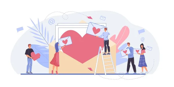 Ploché kreslené postavičky, online rande láska chat, sms zprávy, Valentýna blahopřání vektorové ilustrace koncept — Stockový vektor