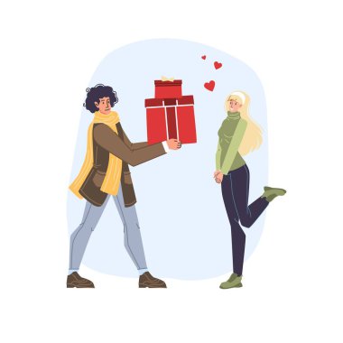 Düz çizgi film karakterleri çift, hediye, vektör illüstrasyon konsepti