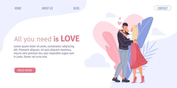 Piatto personaggi dei cartoni animati coppia, San Valentino pagina di destinazione online, concetto di illustrazione vettoriale biglietto di auguri — Vettoriale Stock