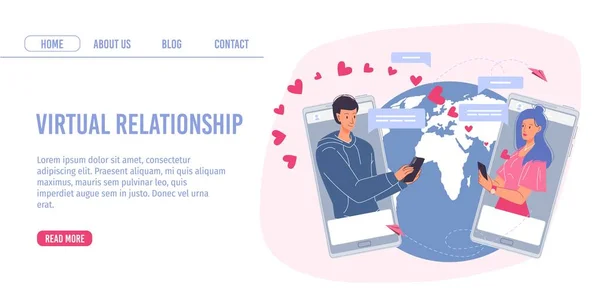 Coppia di personaggi dei cartoni animati piatti, chat d'amore data online, concetto di illustrazione vettoriale biglietto di auguri di San Valentino — Vettoriale Stock