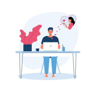 Düz çizgi film karakterleri birbirine aşık çiftler çevrimiçi, Sevgililer Günü tebrik kartı illüstrasyon konsepti