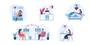 Düz çizgi film karakterleri birbirine aşık çiftler çevrimiçi iletişim kurar, Sevgililer Günü tebrik kartı vektör illüstrasyonu kavramı