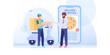 Çevrimiçi alım alan düz çizgi film karakterleri, sipariş servisi vektör illüstrasyon kavramı